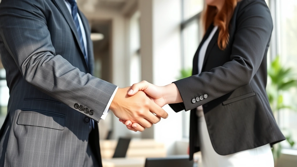Business professional shaking hands with colleague in corporate office setting, professional attire, natural window lighting, blurred office background, representing partnership and opportunity