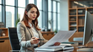 Professional female attorney reviewing legal documents in modern law office, wearing business attire, focused expression, natural lighting from windows, desk with law books and computer, photorealistic high quality