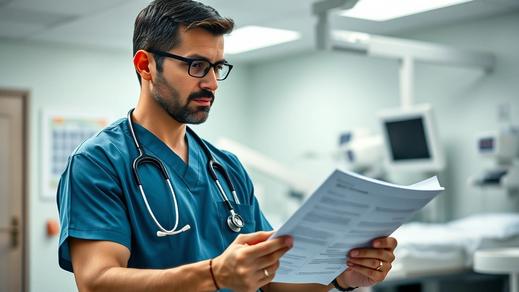 Medical professional in clinical setting reviewing patient information, wearing scrubs and stethoscope, healthcare environment with medical equipment visible in background, serious professional demeanor, photorealistic