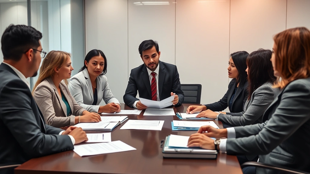Diverse group of legal professionals in conference room discussing case materials, professional business setting with table and documents, collaborative discussion atmosphere, photorealistic high quality