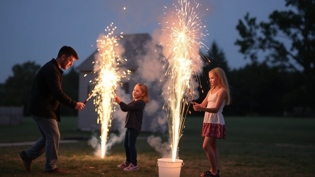 Family safely using ground-based fountain fireworks in an open outdoor area with proper spacing from structures, demonstrating legal fireworks use with water bucket nearby