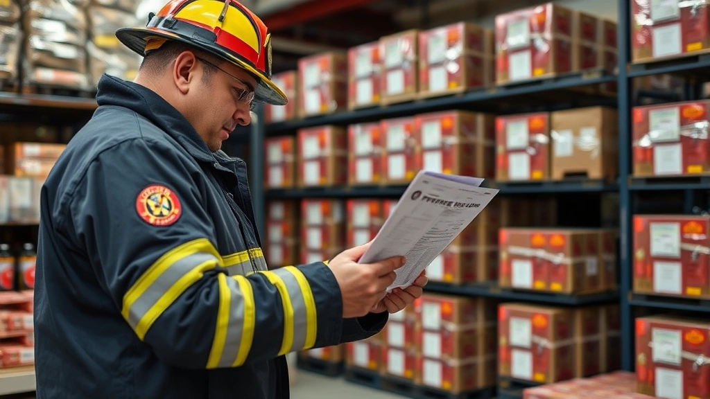 Fire safety inspector reviewing fireworks storage facility documentation and compliance records, showing proper regulatory oversight and professional licensing requirements