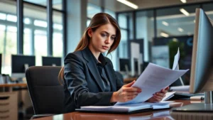 Professional female detective in modern office setting reviewing case files at desk, focused expression, contemporary law enforcement workspace with monitors and documents, natural lighting through windows