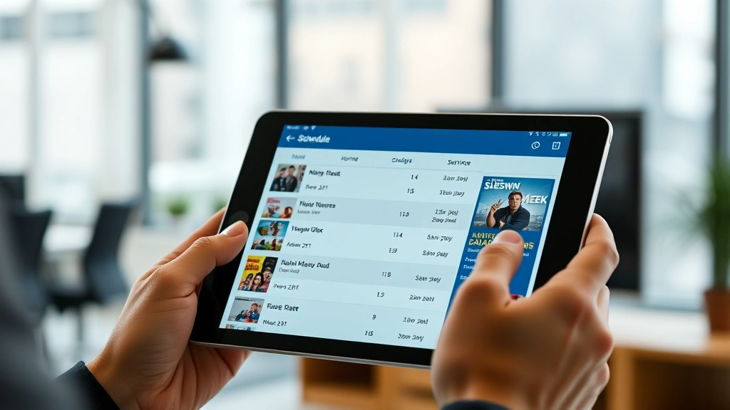 Close-up of hands holding tablet displaying television schedule interface with show listings and dates, modern app design, professional setting with blurred office background