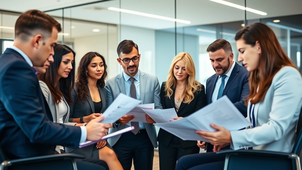 Diverse group of legal professionals in modern conference room reviewing case materials together, collaborative discussion environment, professional attire, contemporary office space with glass walls