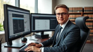 Professional attorney in modern office wearing business attire, sitting at desk with multiple computer monitors displaying case management software interface, sophisticated workspace with law books visible in background, natural lighting from office windows