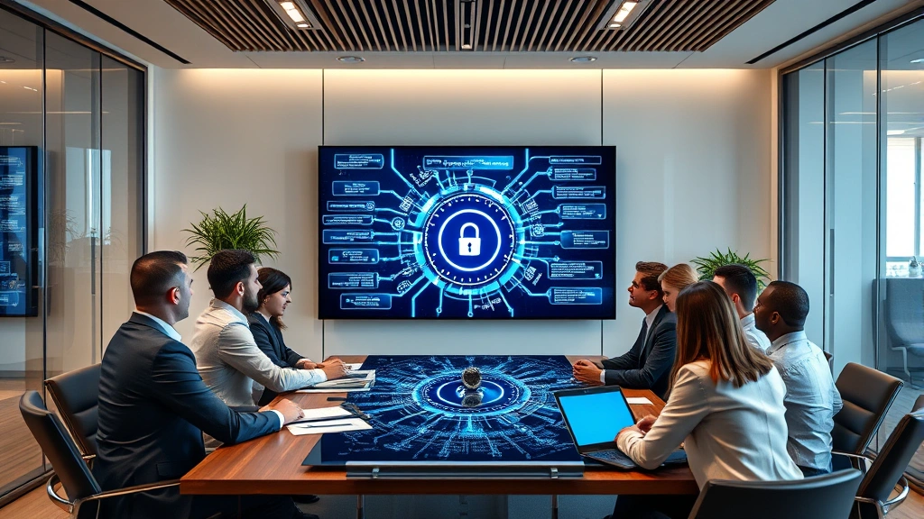 Law firm conference room with cybersecurity visualization displayed on large screen, diverse team of lawyers and IT professionals in business casual attire reviewing security protocols, modern office environment with glass walls and professional furnishings
