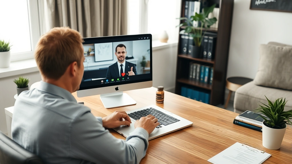 Solo practitioner attorney working from home office using laptop with secure VPN connection, professional home workspace with law references, video call in progress on screen showing client interaction, modern technology setup demonstrating remote legal practice