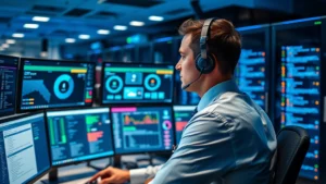 Professional IT support technician in business attire monitoring multiple computer screens displaying network dashboards and security alerts in a modern office server room with blue lighting