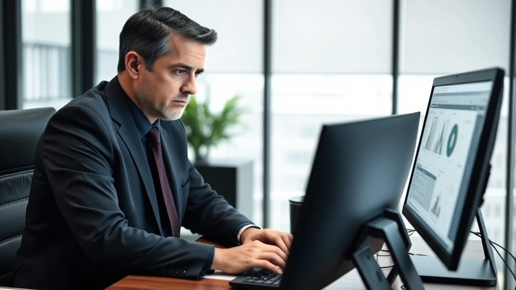 Serious attorney in dark suit working at desktop computer in modern law office with professional background, focused on secure data management and confidential client files