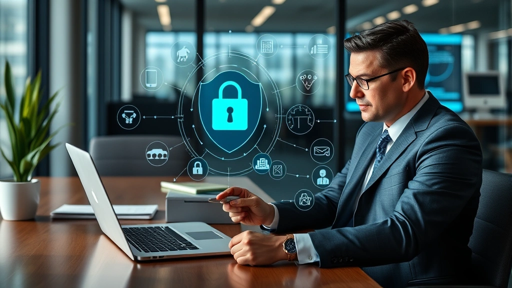 Cybersecurity expert reviewing security protocols on tablet and laptop in corporate legal office environment, representing protection of sensitive client information and firm data