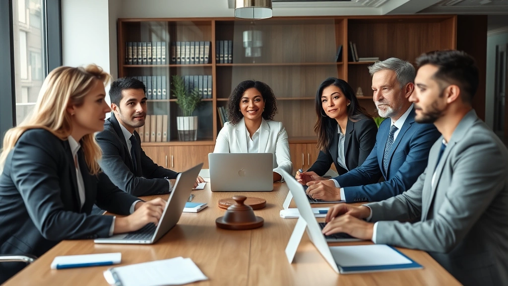 Diverse team of lawyers in professional setting during case consultation, seated around conference table with laptops and notepads, collaborative atmosphere, modern law office
