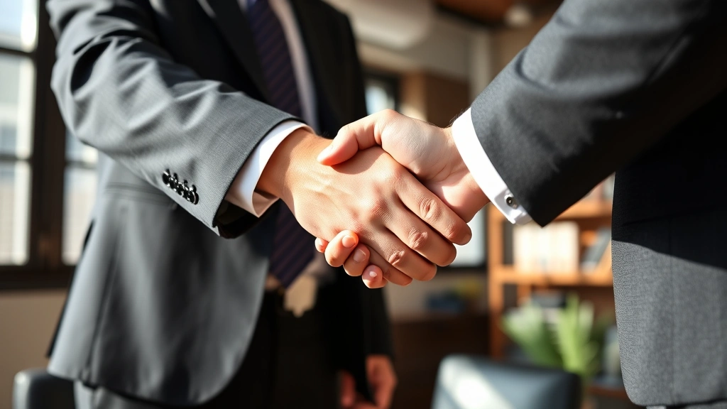 Close-up of attorney and client handshake in professional law office setting, conveying trust and professional relationship, natural daylight from windows, formal business environment