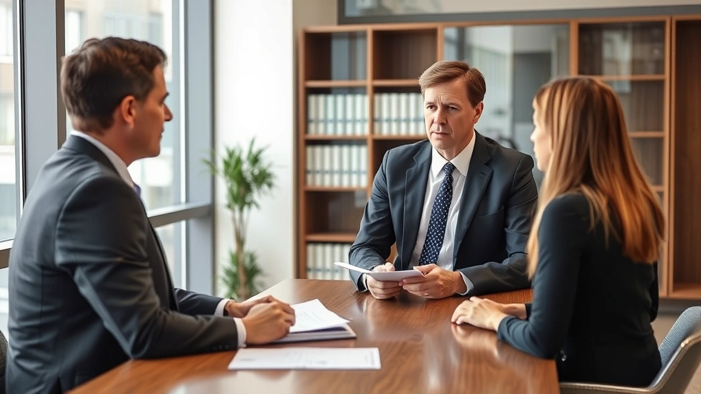 Professional family lawyer in business attire consulting with parents about custody arrangements in a modern law office, showing empathetic communication, no documents visible, natural lighting, realistic photography