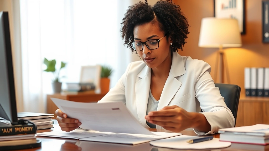 Experienced family law attorney reviewing custody documents at desk with focused professional expression, warm office environment, no visible text on documents, professional headshot style