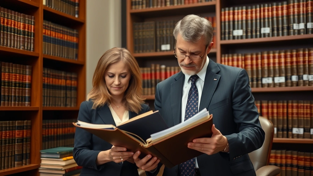 Family law professional in formal business clothing reviewing files in law library surrounded by legal books, professional demeanor, photorealistic, no visible document text or signage