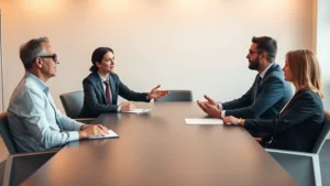 Professional mediator in business attire facilitating a calm discussion between two adults seated at opposite ends of a conference table, neutral office setting with warm lighting, both parties appearing thoughtful and engaged in dialogue, minimalist modern office background