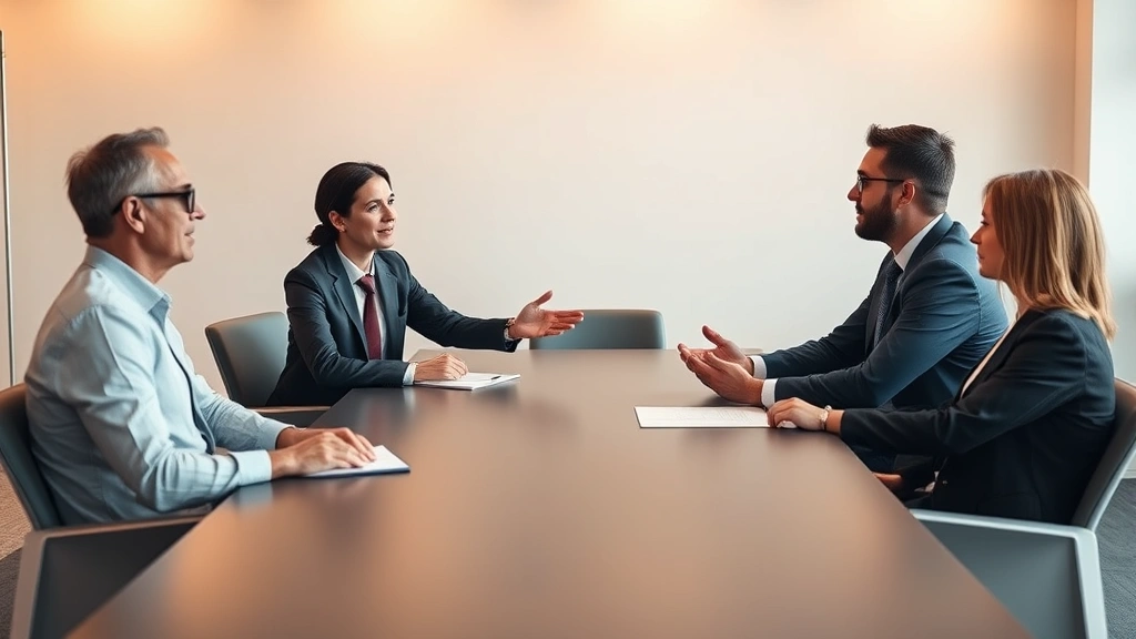 Professional mediator in business attire facilitating a calm discussion between two adults seated at opposite ends of a conference table, neutral office setting with warm lighting, both parties appearing thoughtful and engaged in dialogue, minimalist modern office background