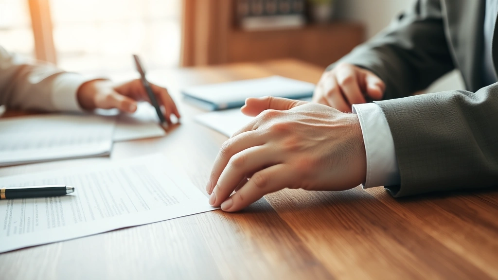Close-up of two people's hands resting on a wooden table during what appears to be a mediation session, documents and pen visible, warm professional office lighting, expressions of concentration and collaboration visible in their posture