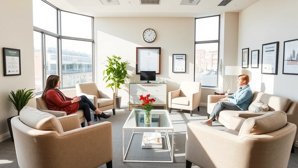 Wide shot of a professional mediation office with comfortable seating arranged in discussion format, large windows with natural light, neutral wall colors, professional certifications and licenses visible on walls, peaceful and organized environment designed for productive conversation