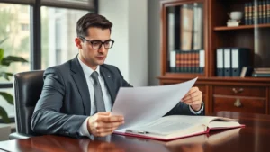 Professional lawyer in business attire reviewing employment documents at mahogany desk with law books and legal files, serious focused expression, modern office setting with natural lighting
