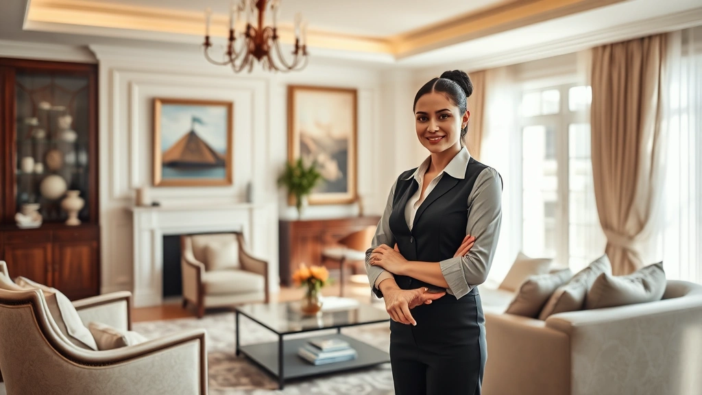 Sophisticated household interior showing living room with elegant furniture, professional nanny or household staff member in formal attire, bright natural light, upscale residential environment