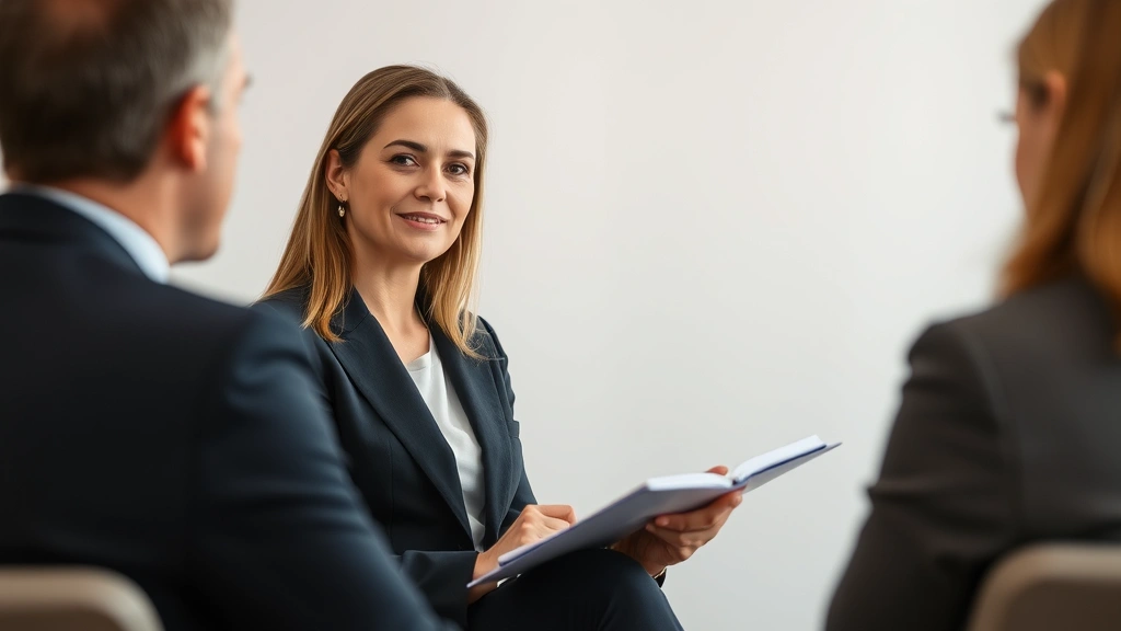 Legal professional woman in suit conducting professional meeting or consultation, taking notes, formal business setting with neutral background, confident authoritative demeanor