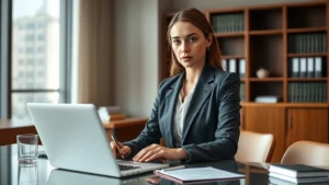 Professional female attorney in business suit working at modern law office desk with legal documents and laptop, serious focused expression, natural office lighting, realistic professional setting