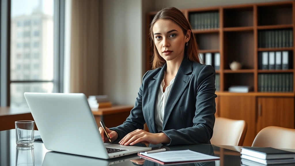 Professional female attorney in business suit working at modern law office desk with legal documents and laptop, serious focused expression, natural office lighting, realistic professional setting