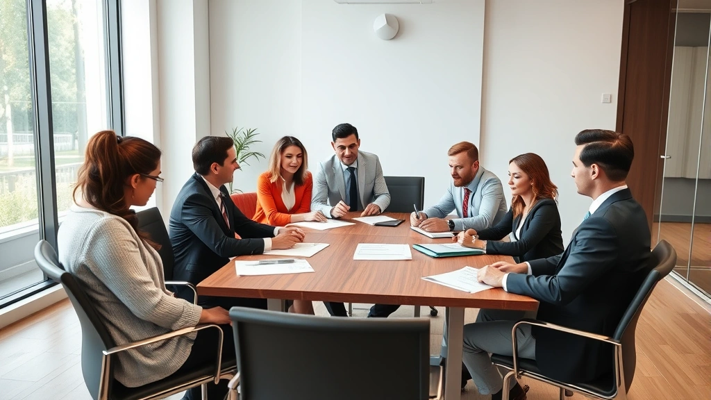 Diverse team of lawyers in conference room reviewing legal briefs and contracts around wooden table, collaborative professional environment, contemporary office design, natural daylight
