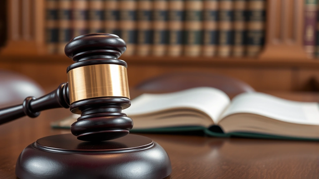Close-up of judge's gavel on judicial bench with law books in background, courthouse interior, professional legal setting emphasizing judicial authority and legal proceedings