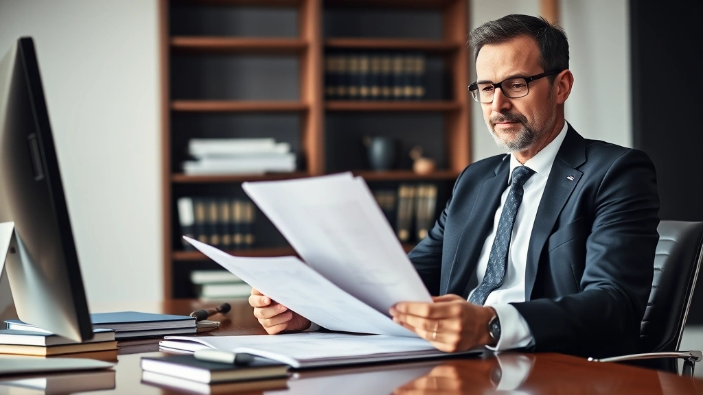 Professional male attorney in business suit reviewing legal documents at modern office desk with law books and computer, confident expression, natural lighting