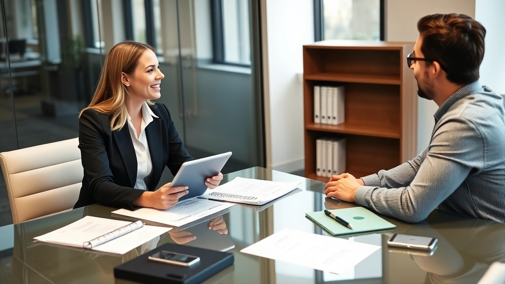 Female lawyer presenting case strategy to client at conference table with legal files and tablet, professional business environment, focused discussion