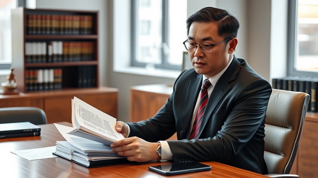 Professional Asian lawyer in business suit reviewing case files at wooden desk in modern law office, serious expression, natural lighting from office windows, law books visible in background