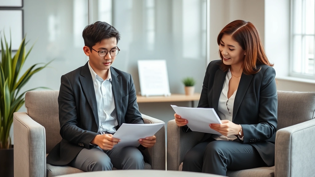 Young Asian teenager sitting in consultation room with female lawyer, both looking at documents, professional attire, supportive atmosphere, modern office setting with neutral colors