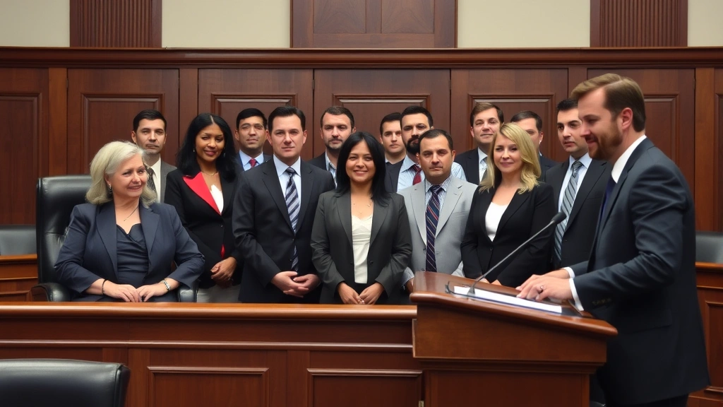 Diverse group of legal professionals in courtroom environment - judge at bench, attorney at podium, professional legal setting with formal wood paneling and professional atmosphere