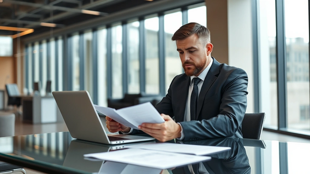 Professional male attorney in dark suit reviewing legal documents at modern glass desk with laptop, serious focused expression, contemporary law office background with floor-to-ceiling windows