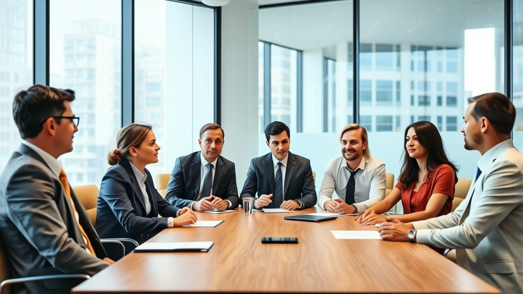 Diverse team of lawyers in business attire having serious discussion in modern conference room with wooden table, large windows, and professional decor