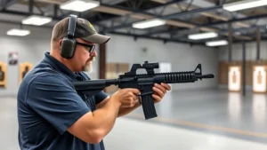 Professional Kentucky firearms instructor in modern shooting range conducting safety training with student, serious focused expressions, proper stance demonstration, well-lit indoor facility with targets visible in background
