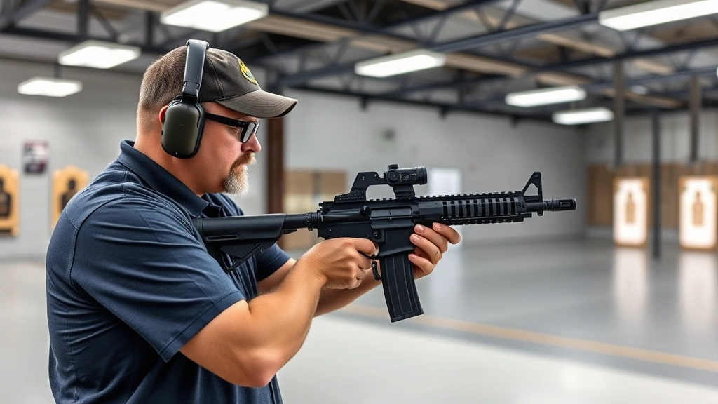 Professional Kentucky firearms instructor in modern shooting range conducting safety training with student, serious focused expressions, proper stance demonstration, well-lit indoor facility with targets visible in background