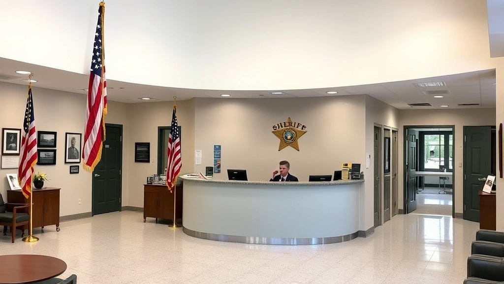 County sheriff's office reception area with American flag, professional administrative setting where concealed carry permits are issued, staff member at desk, clean modern government building interior