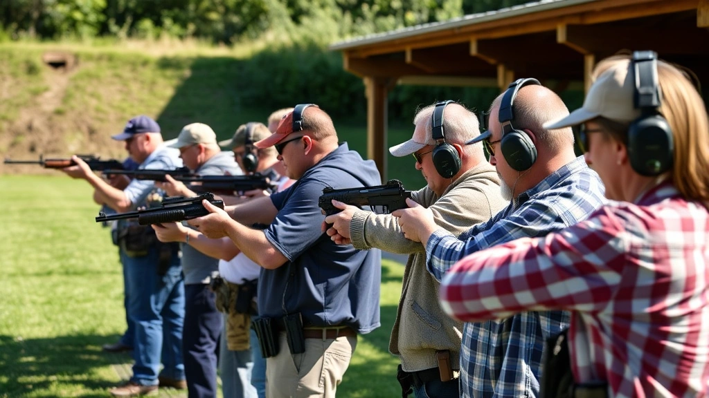 Diverse group of responsible gun owners at outdoor shooting range during daytime, various ages and backgrounds, proper safety equipment worn, concentrated on target practice, natural lighting