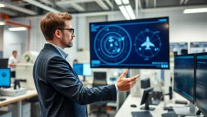 Professional male aerospace engineer examining satellite orbital mechanics diagrams on a large digital display in a modern laboratory, wearing business casual attire, surrounded by technical equipment and computer workstations, focused expression