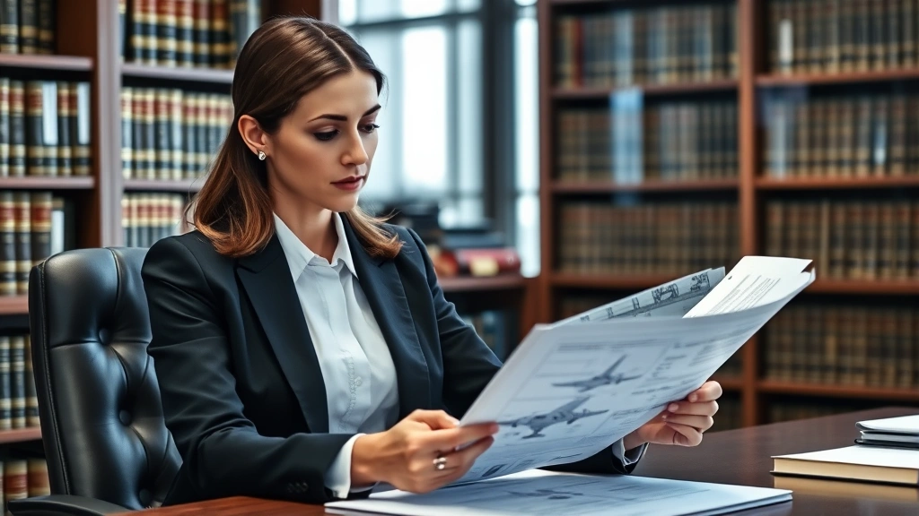 Female patent attorney in formal business suit reviewing technical aerospace documentation at her desk in a law office, with bookshelves of legal references in background, professional lighting, serious concentrated demeanor