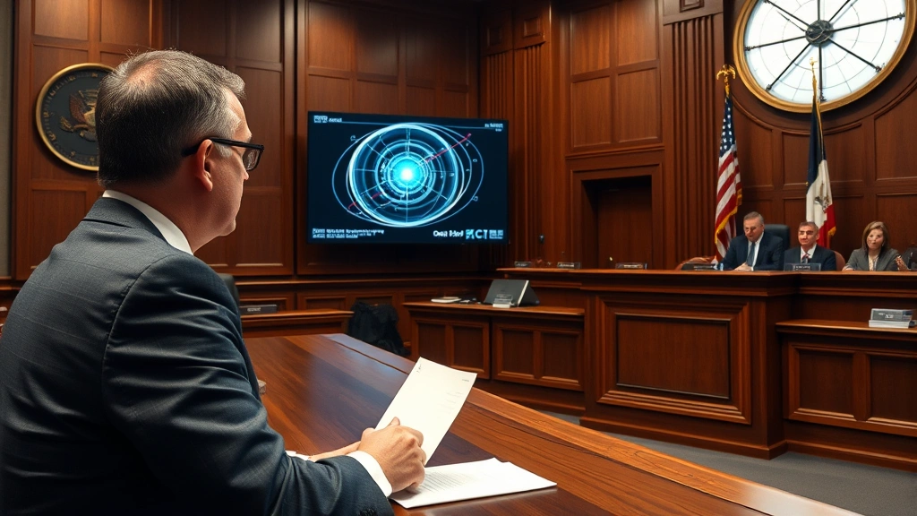 Expert witness testifying in federal courtroom, male scientist presenting orbital mechanics data on courtroom display screen to judge and jury, professional appearance, technical presentation materials visible