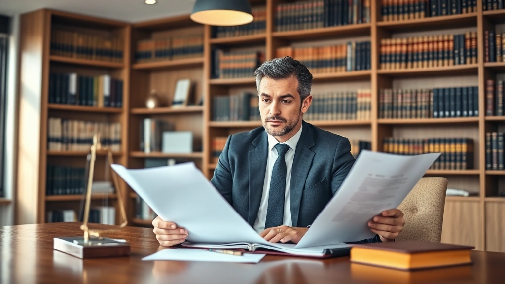 Professional attorney in business attire reviewing legal documents at wooden desk in modern law office with bookshelves, natural lighting, serious focused expression