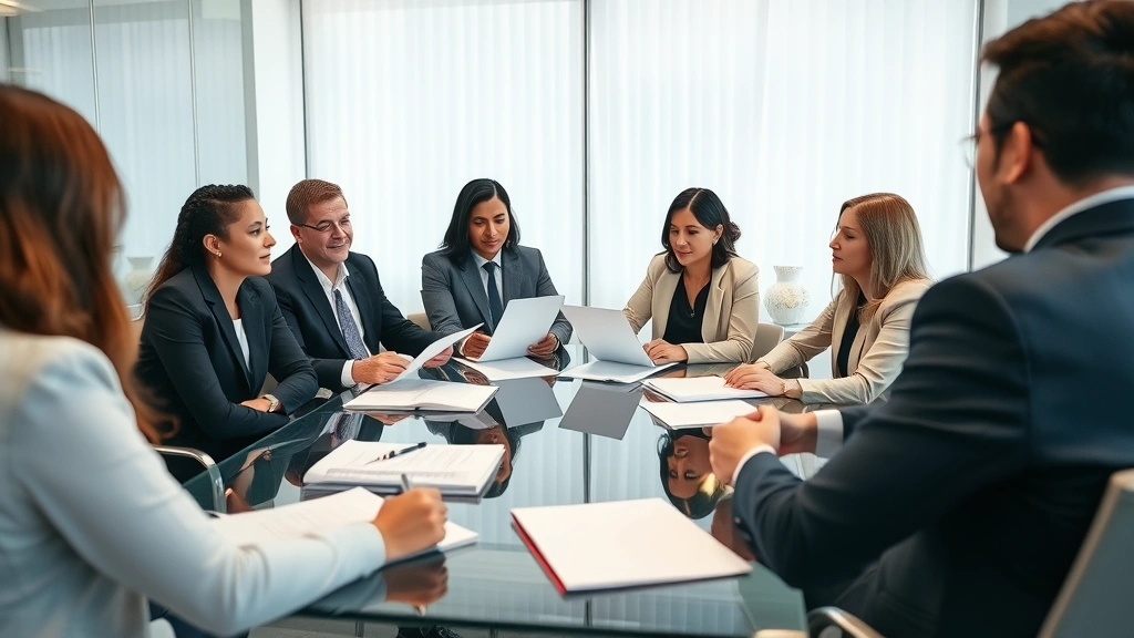 Diverse group of legal professionals in conference room discussing case files and legal briefs around glass table, professional business environment, collaborative atmosphere