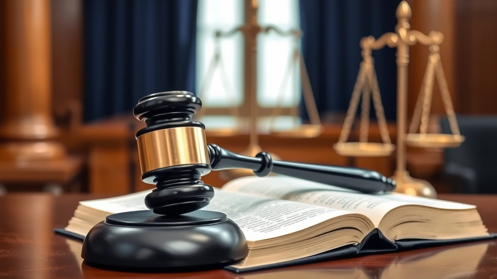 Judge's gavel resting on law books in courtroom setting, scales of justice visible in background, formal legal environment, professional judicial imagery