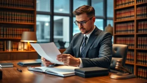 Professional male attorney in business suit reviewing legal documents at wooden desk in modern law office with bookshelves of law books, warm lighting, focused expression