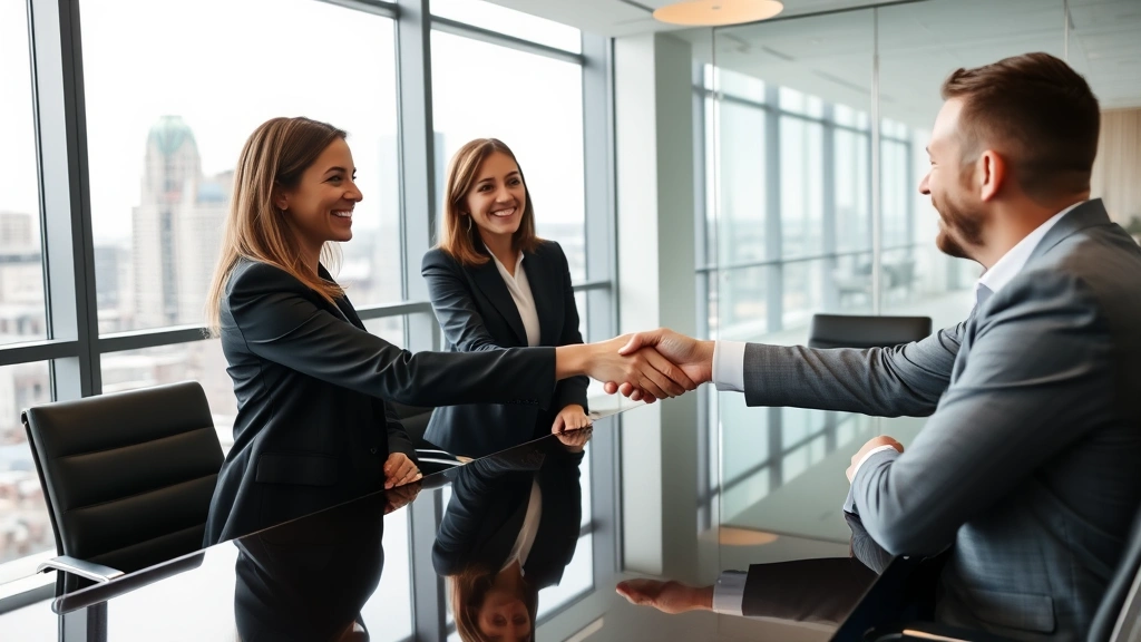 Female lawyer shaking hands with client across polished conference table in contemporary Milwaukee office, both smiling, professional attire, floor-to-ceiling windows showing city skyline